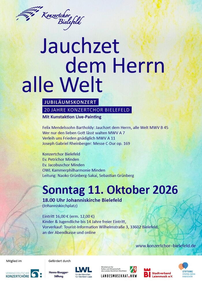 Chorkonzert „Jauchzet dem Herrn alle Welt“  20 Jahre Konzertchor Bielefeld - Mit Kunstaktion Live-Painting am 11. Oktober 2026 | 18:00  JohanniskircheBielefeld, Johannisplatz